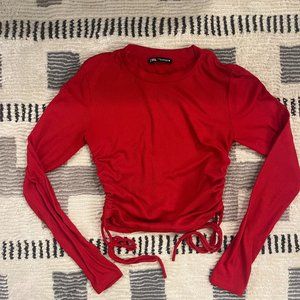Zara Ribbed Side Tie Ruched Long Sleeve - Red